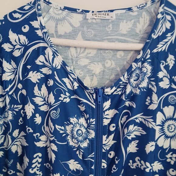 Women's Full Length House Dress Short Sleeve  Zipper Front Blue SZ L NWT - Picture 2 of 10